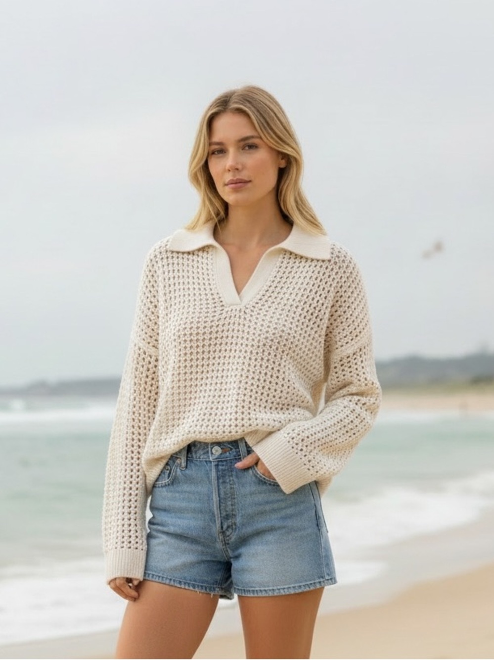 Abercrombie & Fitch Cream Open-Weave V-Neck Polo  💯 Cotton Sweater